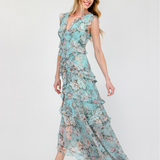 CASCADE OF ELEGANCE CHIFFON FLORAL LONG MAXI DRESS HADASSAH - TIMELESS BEAUTY FOR WOMEN - BLUE/ GREEN