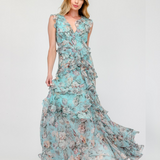CASCADE OF ELEGANCE CHIFFON FLORAL LONG MAXI DRESS HADASSAH - TIMELESS BEAUTY FOR WOMEN - BLUE/ GREEN
