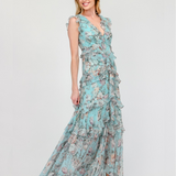 CASCADE OF ELEGANCE CHIFFON FLORAL LONG MAXI DRESS HADASSAH - TIMELESS BEAUTY FOR WOMEN - BLUE/ GREEN