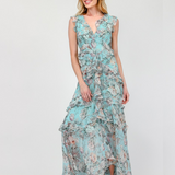 CASCADE OF ELEGANCE CHIFFON FLORAL LONG MAXI DRESS HADASSAH - TIMELESS BEAUTY FOR WOMEN - BLUE/ GREEN