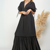 EFFORTLESS RAYON LONG MAXI DRESS ANNA WITH ADJUSTABLE TIE SLEEVES - EFFORTLESS VERSATILITY FOR WOMEN - BLACK
