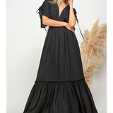 EFFORTLESS RAYON LONG MAXI DRESS ANNA WITH ADJUSTABLE TIE SLEEVES - EFFORTLESS VERSATILITY FOR WOMEN - BLACK