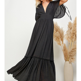 EFFORTLESS RAYON LONG MAXI DRESS ANNA WITH ADJUSTABLE TIE SLEEVES - EFFORTLESS VERSATILITY FOR WOMEN - BLACK