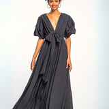 ELEGANT NOIR PUFF-SLEEVE V-NECK LONG MAXI DRESS ESTELA - BLACK