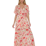 FLORAL KIMONO SLEEVE LONG MAXI DRESS MAGDALENE - WHITE AND RED