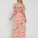 FLORAL KIMONO SLEEVE LONG MAXI DRESS MAGDALENE - WHITE AND RED