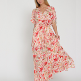 FLORAL KIMONO SLEEVE LONG MAXI DRESS MAGDALENE - WHITE AND RED