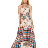 FLORAL STYLISH HALTER MAXI DRESS JUNIA - BEIGE , BROWN AND RUST