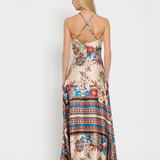 FLORAL STYLISH HALTER MAXI DRESS JUNIA - BEIGE , BROWN AND RUST