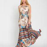FLORAL STYLISH HALTER MAXI DRESS JUNIA - BEIGE , BROWN AND RUST