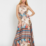 FLORAL STYLISH HALTER MAXI DRESS JUNIA - BEIGE , BROWN AND RUST