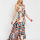FLORAL STYLISH HALTER MAXI DRESS JUNIA - BEIGE , BROWN AND RUST