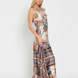 FLORAL STYLISH HALTER MAXI DRESS JUNIA - BEIGE , BROWN AND RUST