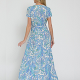 FRESH RAYON FLORAL WRAP LONG MAXI DRESS JANE WITH GARDEN PRINT-BLUE AND WHITE