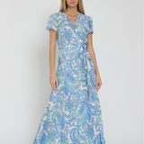 FRESH RAYON FLORAL WRAP LONG MAXI DRESS JANE WITH GARDEN PRINT-BLUE AND WHITE