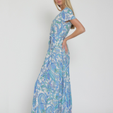 FRESH RAYON FLORAL WRAP LONG MAXI DRESS JANE WITH GARDEN PRINT-BLUE AND WHITE