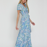 FRESH RAYON FLORAL WRAP LONG MAXI DRESS JANE WITH GARDEN PRINT-BLUE AND WHITE