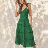 ENCHANTED GARDEN COTTON EYELET TIERED MIDI DRESS RACHEL - BOTANICAL GRACE FOR WOMEN - EVERGREEN