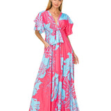 TROPICAL BREEZE PUFF-SLEEVE V-NECK LONG MAXI DRESS - CORAL AND BLUE