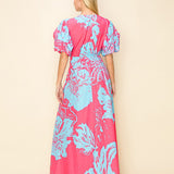 TROPICAL BREEZE PUFF-SLEEVE V-NECK LONG MAXI DRESS - CORAL AND BLUE