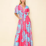 TROPICAL BREEZE PUFF-SLEEVE V-NECK LONG MAXI DRESS - CORAL AND BLUE