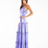 LAVENDER LILAC WHISPERS SATIN STRIPE LONG MAXI DRESS ELIZABETH - POETIC CHARM FOR WOMEN