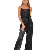 SLEEK SATIN LACE-TRIM JUMPSUIT IN MIDNIGHT BLACK.