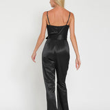 SLEEK SATIN LACE-TRIM JUMPSUIT IN MIDNIGHT BLACK.
