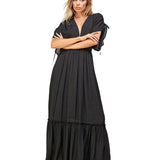 EFFORTLESS RAYON LONG MAXI DRESS CLAIRE WITH ADJUSTABLE TIE SLEEVES - EFFORTLESS VERSATILITY FOR WOMEN - BLACK