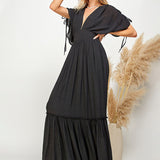 EFFORTLESS RAYON LONG MAXI DRESS CLAIRE WITH ADJUSTABLE TIE SLEEVES - EFFORTLESS VERSATILITY FOR WOMEN - BLACK