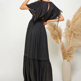 EFFORTLESS RAYON LONG MAXI DRESS CLAIRE WITH ADJUSTABLE TIE SLEEVES - EFFORTLESS VERSATILITY FOR WOMEN - BLACK